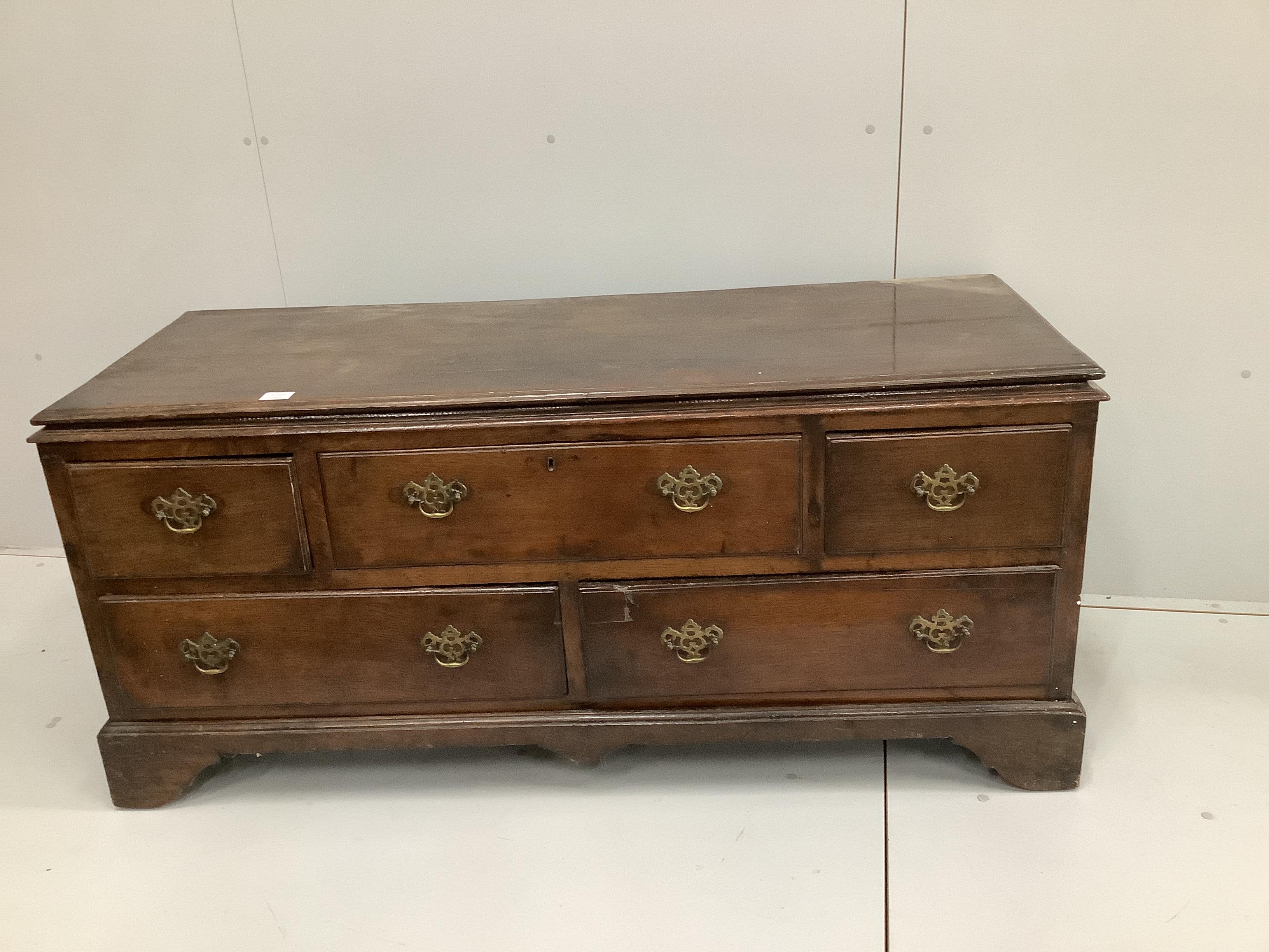 A George III oak mule chest (altered), width 144cm, depth 55cm, height 66cm